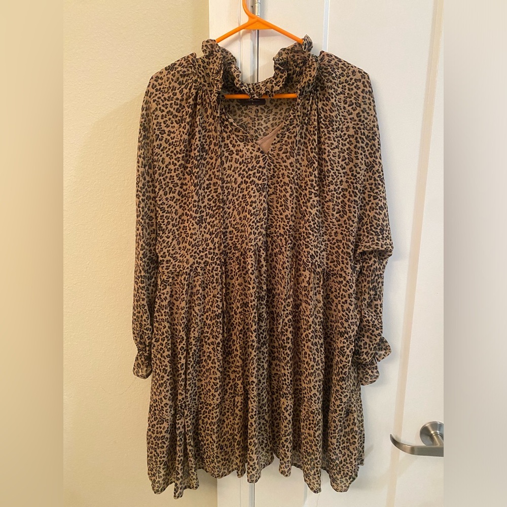 Vici Leopard Print Long Sleeve Ruffle Mini Dress
